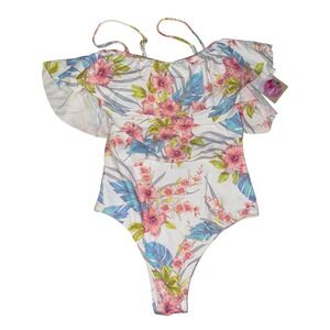Raisins Floral One Piece Swimsuit Ruffle One Shoulder Tropical Print M